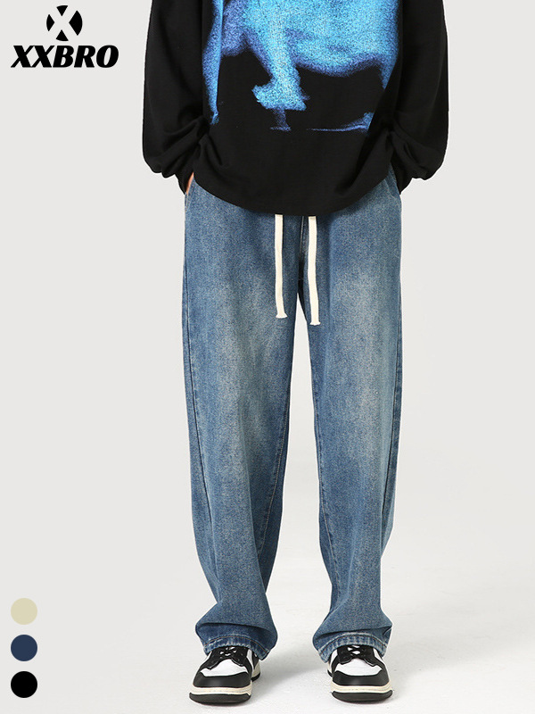 Muxi Clothing # 2024 New Hong Kong Style Ins Trendy Straight-Leg Washed Yellow Mud-Dyed Jeans for Men and Women