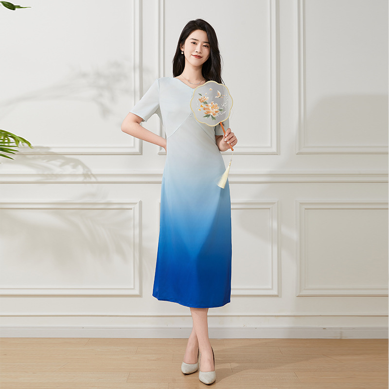 DZ24-14/color contrast satin acetate dress women's 2024 summer long short sleeve new elegant thin
