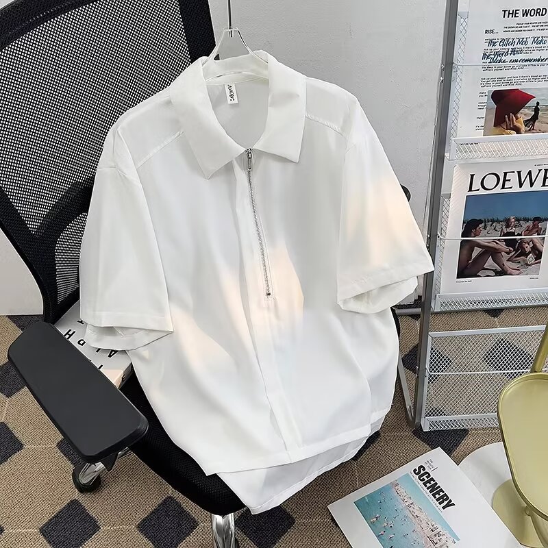 Summer Thin Half-Zip Short-Sleeve Shirt for Men, Casual Trendy Brand with a High-End Feel, Japanese and Hong Kong Style, Cool and Stylish Ice Silk Polo Shirt