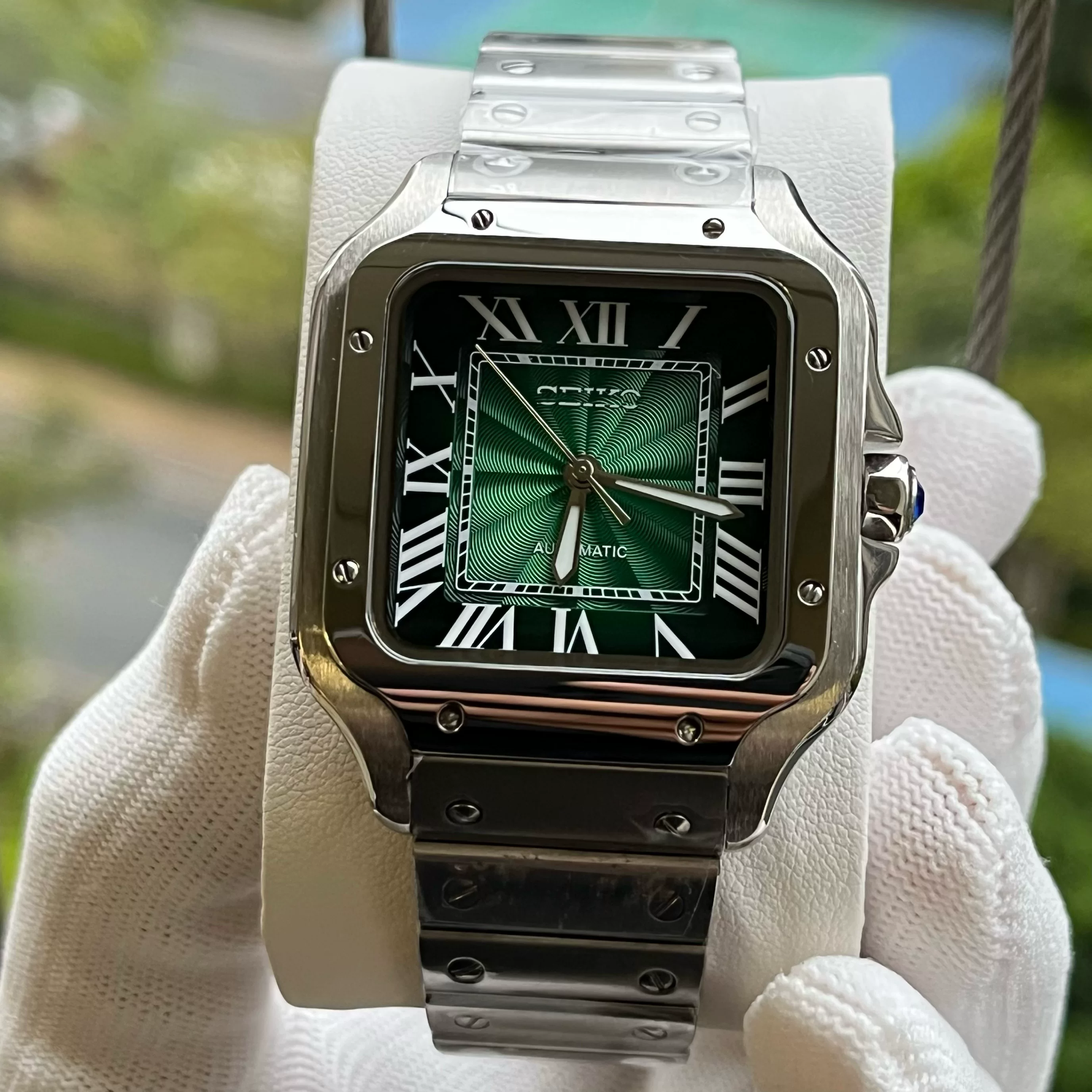 Square Watch 38mm Stainless Steel Case Electroplated All Green Equipped with Japanese Movement Nh35
