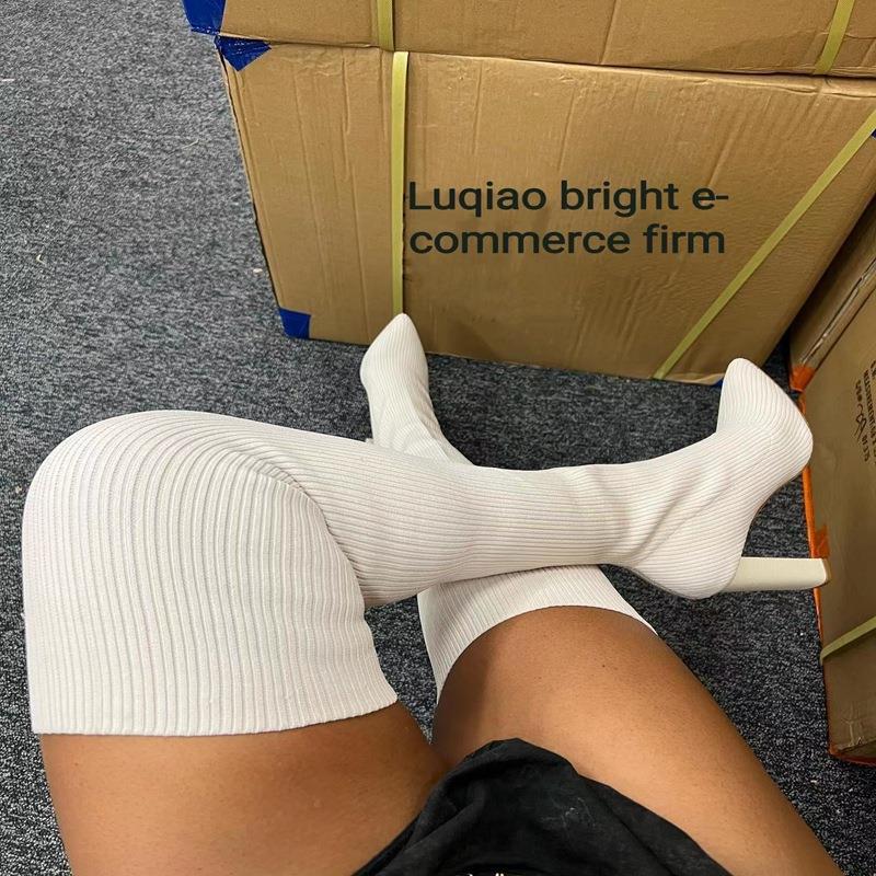 wish Cross-border Independent Station Foreign Trade Large Size Knitted High Heel Over-the-Knee Boots Women's Elastic Wool Socks Autumn and Winter Long Boots