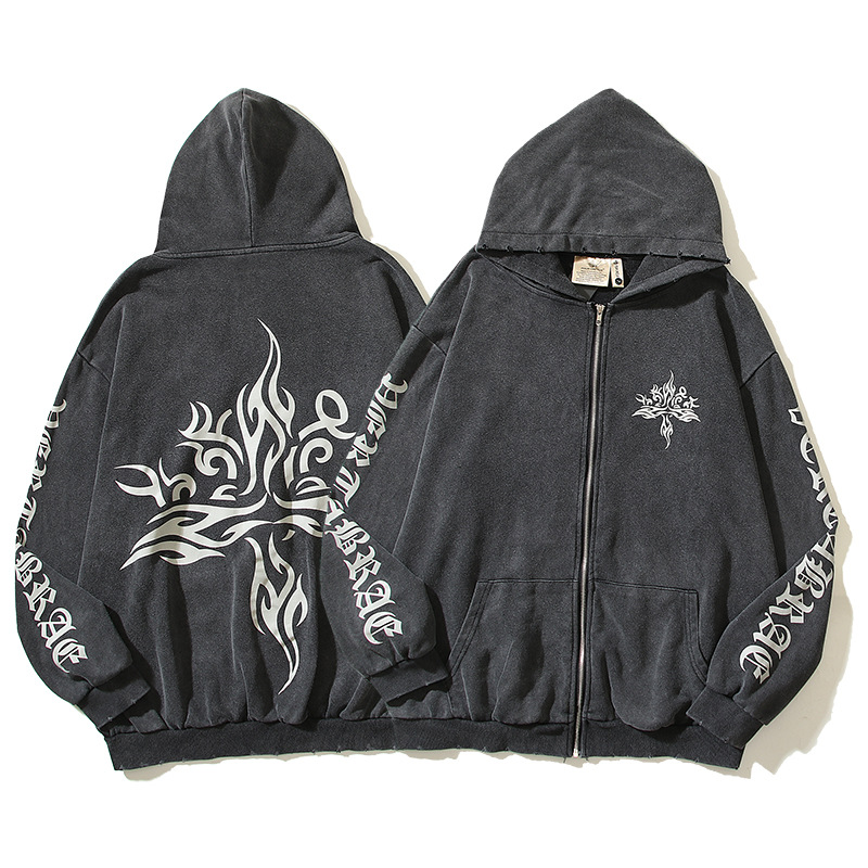 26 Autumn/Winter European and American Street Fashion Items, Washed and Distressed Vintage Water Pattern Hooded Sweatshirt, Unisex Trendy Style