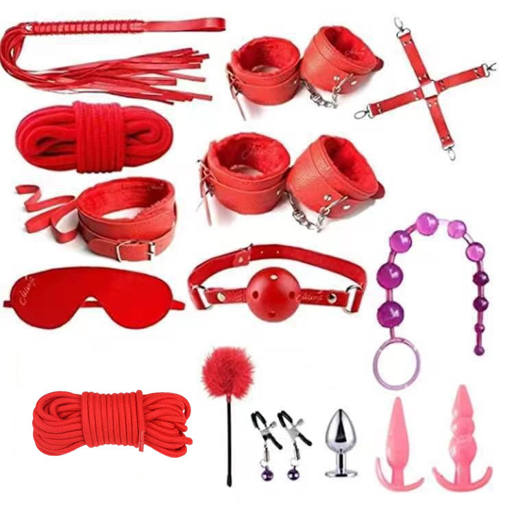 SM adult leather supplies plush 14-piece set sexy binding binding back court pull beads anal plug suit factory wholesale