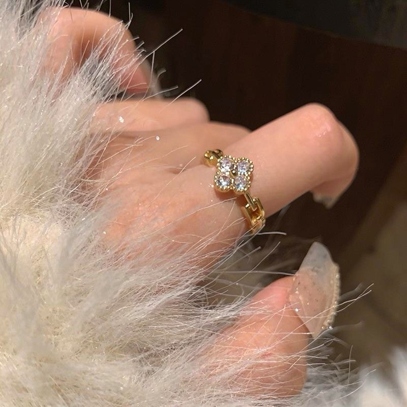 Zircon Lucky Clover Flower Open Ring 2026 New Style Simple and Fashionable Index Finger Ring Light Luxury High-End Jewelry