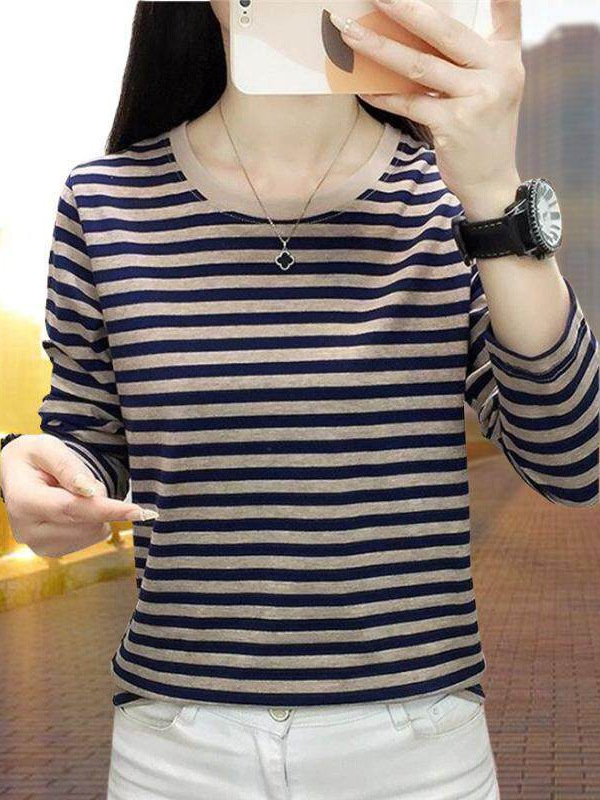 Striped Round Neck Long-Sleeve T-Shirt for Women, 2026 New Spring and Autumn Stylish Loose Top for Middle-Aged Moms