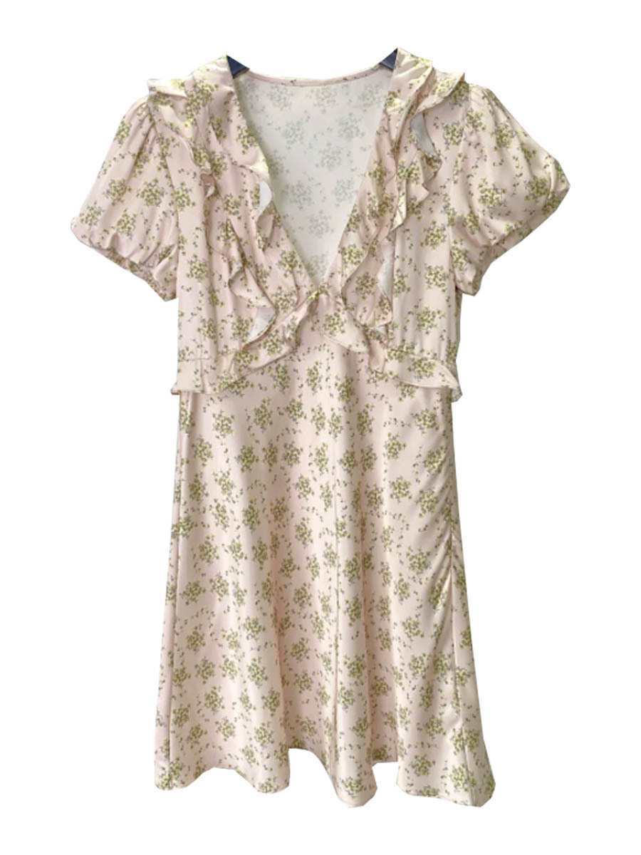 French S Brand 2026 Summer New Style Sweet and Elegant Ruffled V-Neck Floral Dress with Puff Sleeves and Mid-Length Skirt