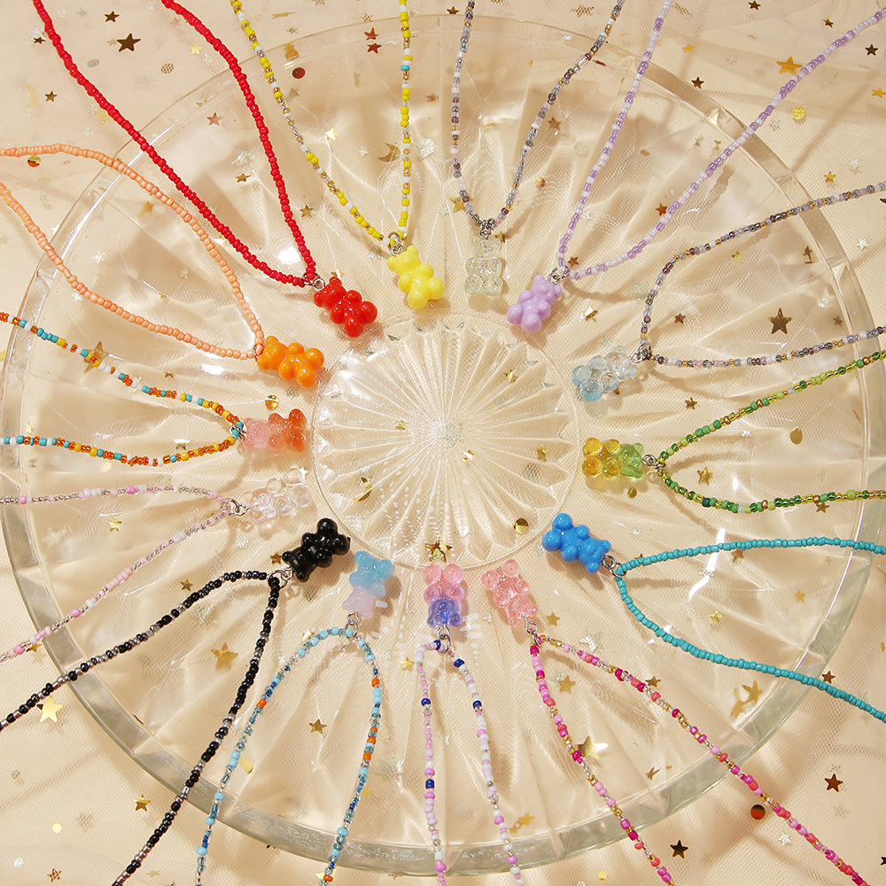 Japanese and Korean Trendy Hand-Beaded Colorfulful Rice Bead Necklace Gradient Bear Pendant Versatile Niche Design Necklace for Women