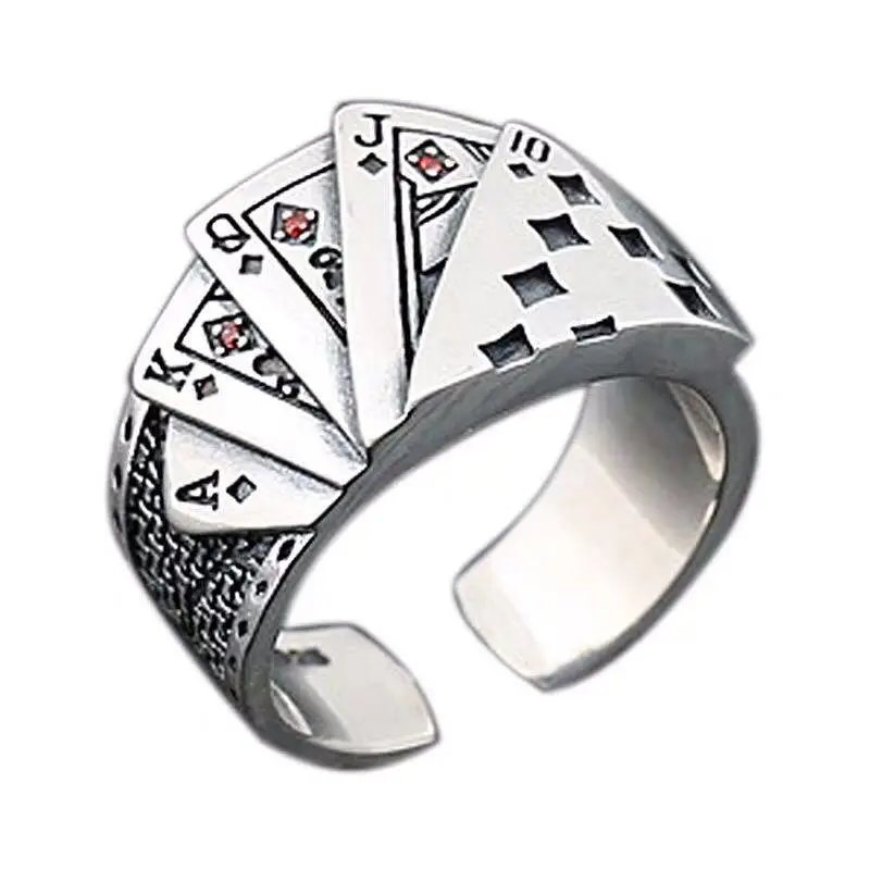 Retro Thai silver square straight flush men's poker ring trendy single ring domineering personality ring open index finger ring