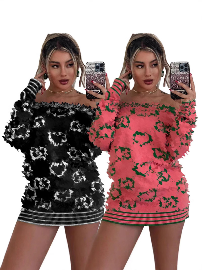 Y71571 European and American Women's Cross-border Winter New Long-sleeved Sexy off-shoulder Sweater Short Skirt 2 Color in stock