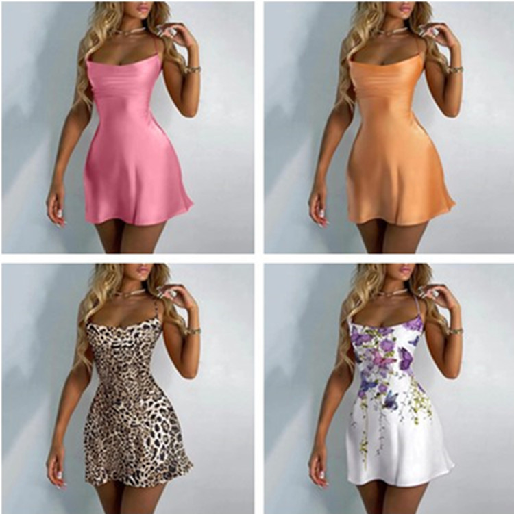 2025 Foreign Trade Women's Summer New Amazon Solid Color Low-Cut Backless Strap Dress Sexy Hot Girl