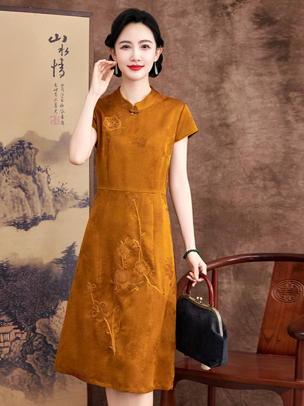 Hangzhou Improved Cheongsam Floral Embroidery Xiangyun Silk Dress Women's Summer National Style Waist-Cinching Mulberry Silk Long Dress