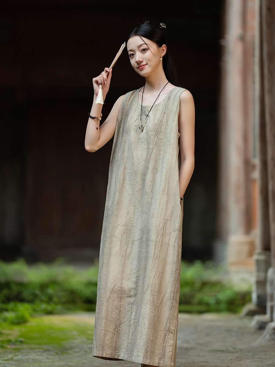 26 Original Cotton and Linen Women's Clothing, Ramie Cotton Thin Style Dirty-Dyed Chinese-Style Long Dress, Loose Artistic Sleeveless Tank Dress