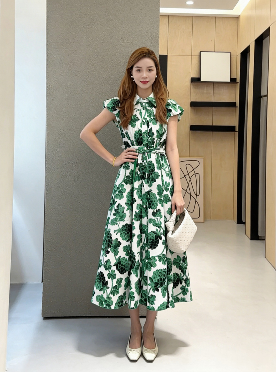 Summer Green Berry Pattern Flared Skirt Printed Double-Sided Belt Puff Short Sleeve Turn-Down Collar Waist-Cinching Slimming Dress for Women