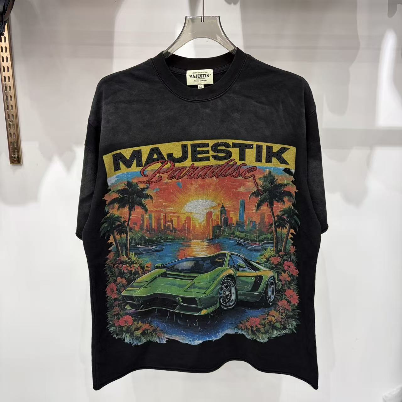 Majestik Rock Band Direct-Printed Short-Sleeved T-Shirt for Men and Women, Loose Round Neck, Distressed Rhinestone Casual Top