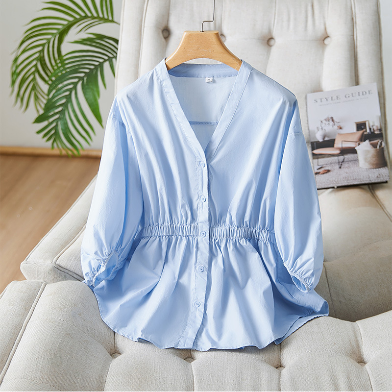 Factory Direct Sales V-Neck Shirt for Women 2026 Spring and Autumn New Style Puff Sleeve Loose Top with a Stylish Design Pure Cotton Shirt
