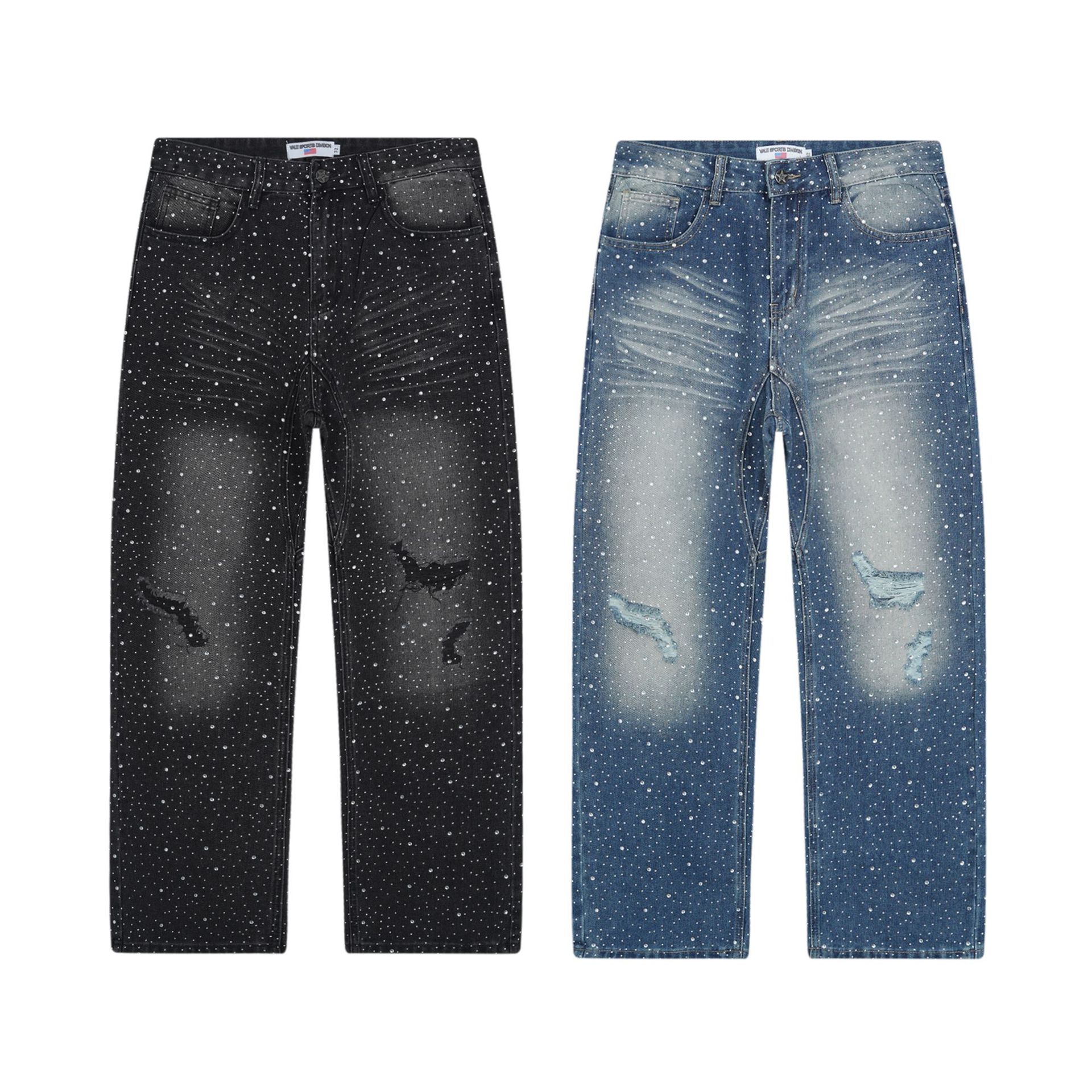 Trendy Cross-Border Vale Forever European and American Street Style Full-Body Rhinestone Straight-Leg Jeans with Distressed Holes for Men