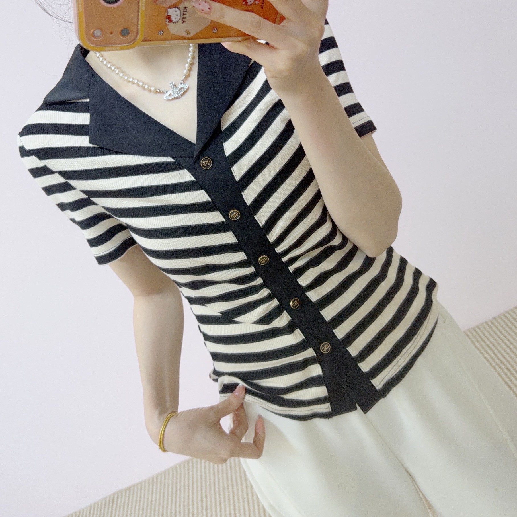 2026 Summer New Fashion Stylish Lapel Striped Casual Short-Sleeve Pullover Slim-Fit T-Shirt 704