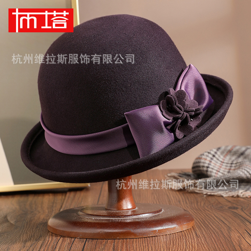 Buta Autumn and Winter Hat Women's British Hat Pure Wool Woolen Hat Curl Shaped Hat Bow Felt Hat PT1367
