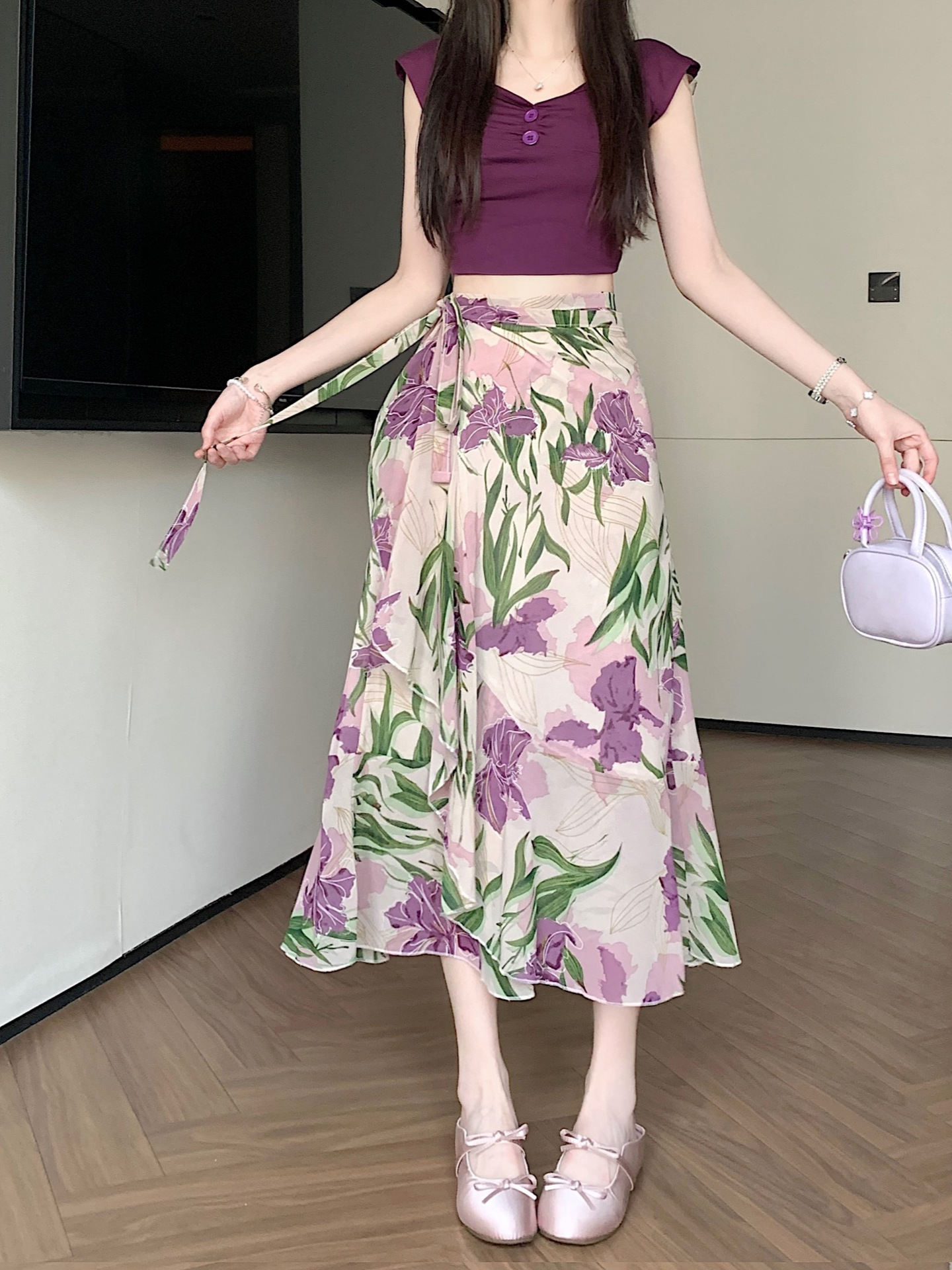 Feiyuan Lightweight Breathable Beach Apron for Women, New Summer Style Ruffled One-Piece Skirt with Floral Tie Half Skirt