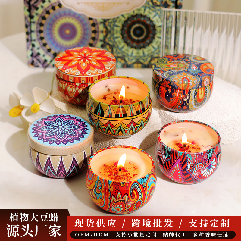 Ethnic dried flower aromatherapy candle iron box birthday gift bedroom decoration sleeping fragrance candle gift box wholesale
