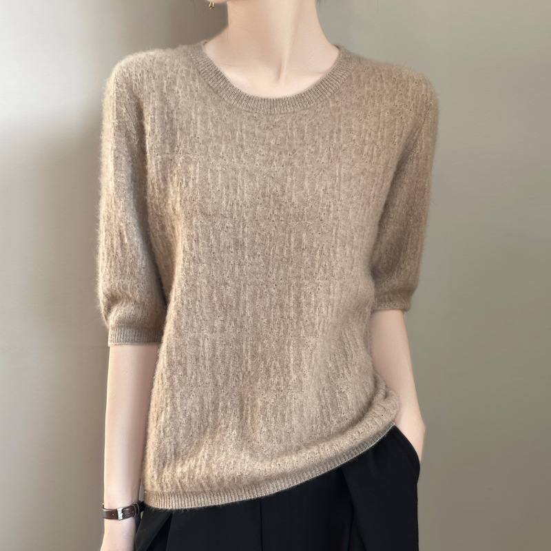 Spring and Summer New Half Sleeve Round Neck Knitted T-shirt Women's Hollow Design Solid Color Women's Pullover Half Sleeve Base Top