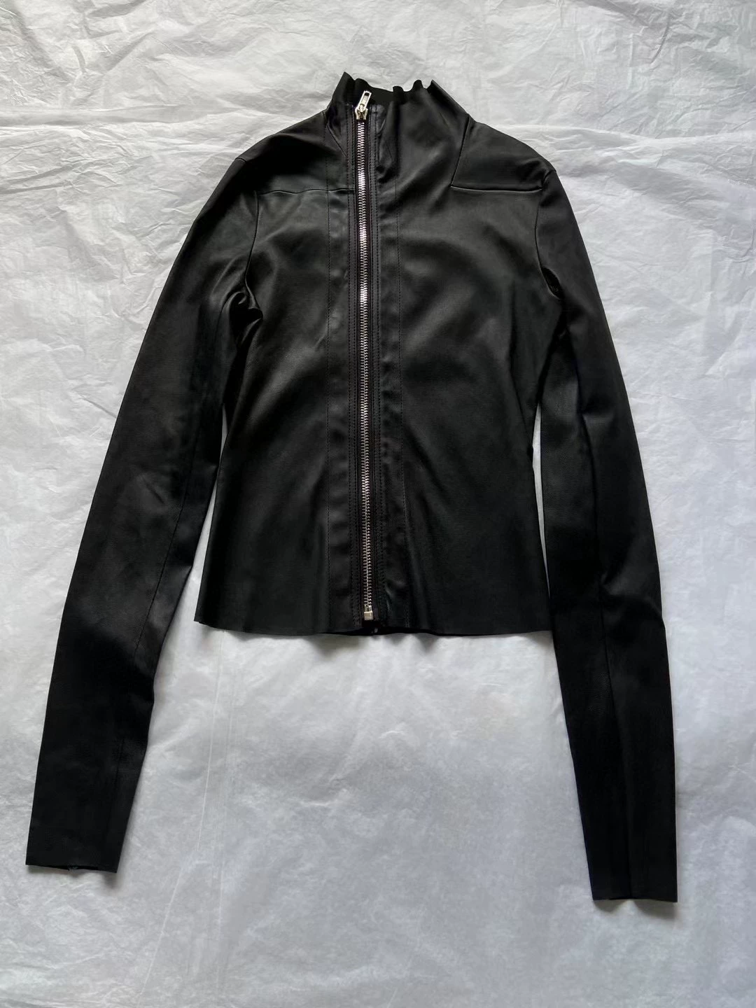 24Fw Dark Ro Style High Collar Diagonal Zipper Pu Leather Stretch Slim Fit Versatile Leather Jacket Motorcycle Jacket for Women