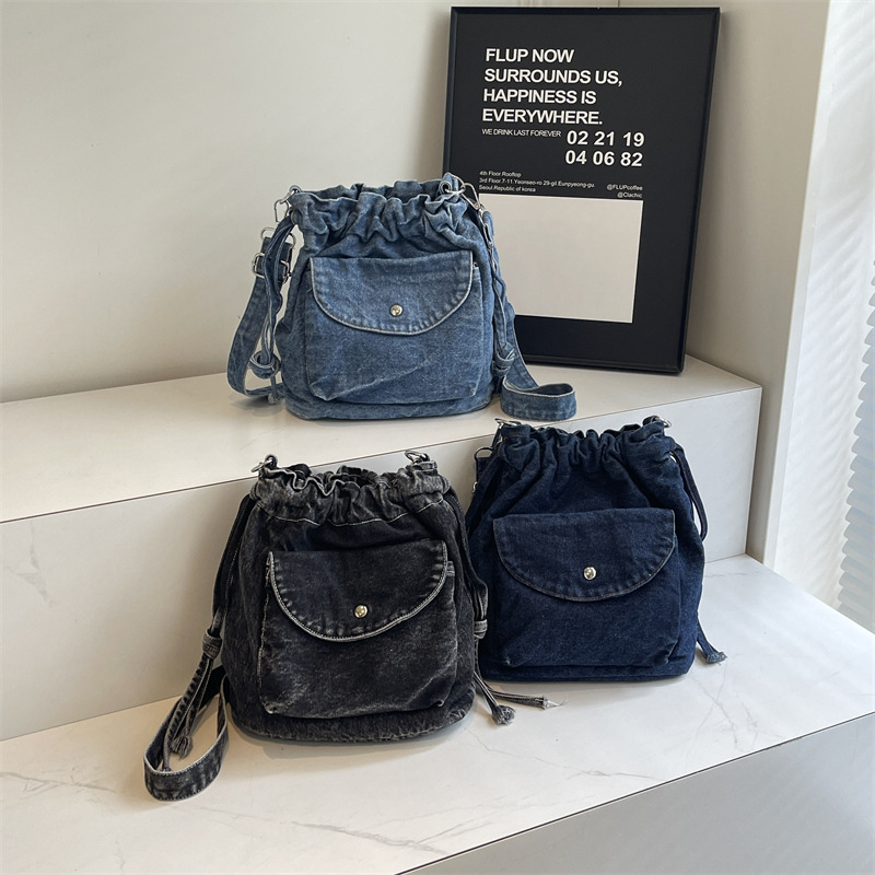 Drawstring Pleated Bucket Bag for Women 2026 New Korean Style Ins Denim Single Shoulder Small Bag Trendy Fashion Crossbody Bag