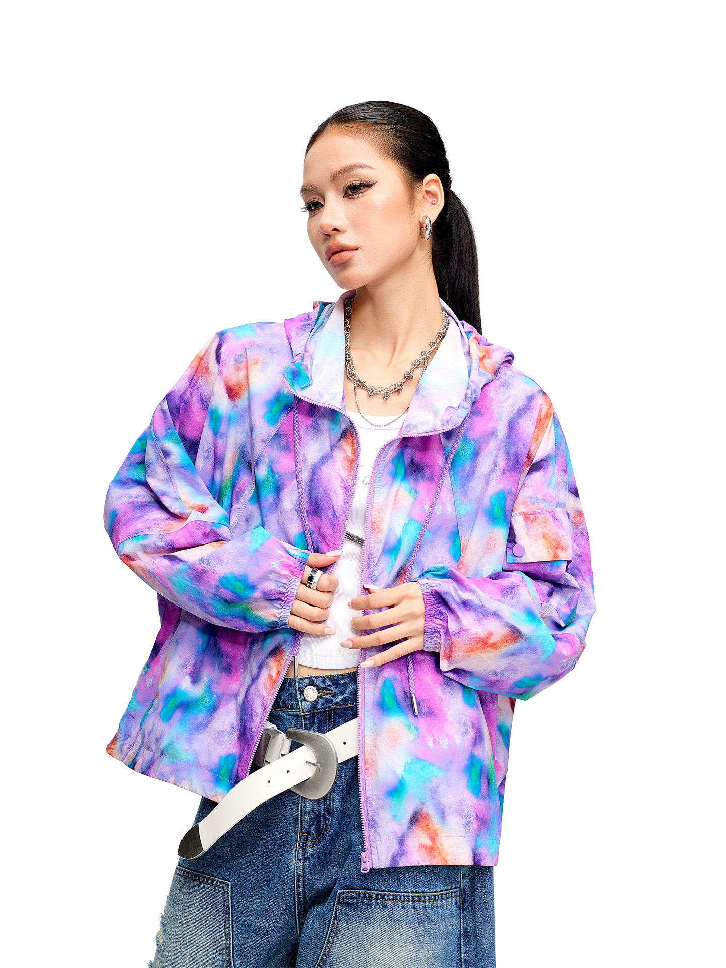 Tuogu Spring and Summer Thin Hooded Sweatshirt for Women, Dopamine Color-Blocking Zip-Up Cardigan, Long-Sleeve Top, Versatile Trendy Brand Jacket for Women