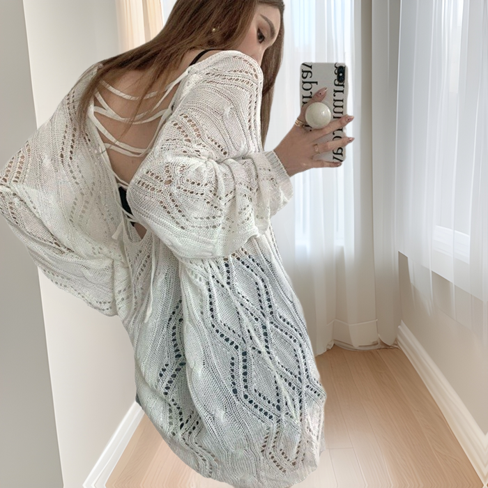 Cream wear gentle Korean style drawstring top all-match blouse loose sweet thin hollow sweater