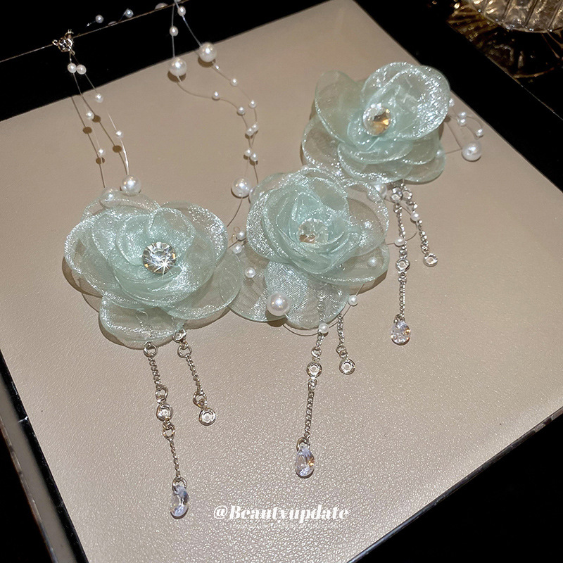 Spring and Summer Ins Style Super Fairy Flower Pearl Earrings Necklace Sweet Fresh Clavicle Chain Korean Style All-match Jewelry suit