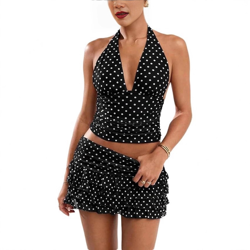 Women's Polka Dot Outfit 2 Piece Skirt Set Vintage Halter V Neck Top and Ruched Layered Skirt