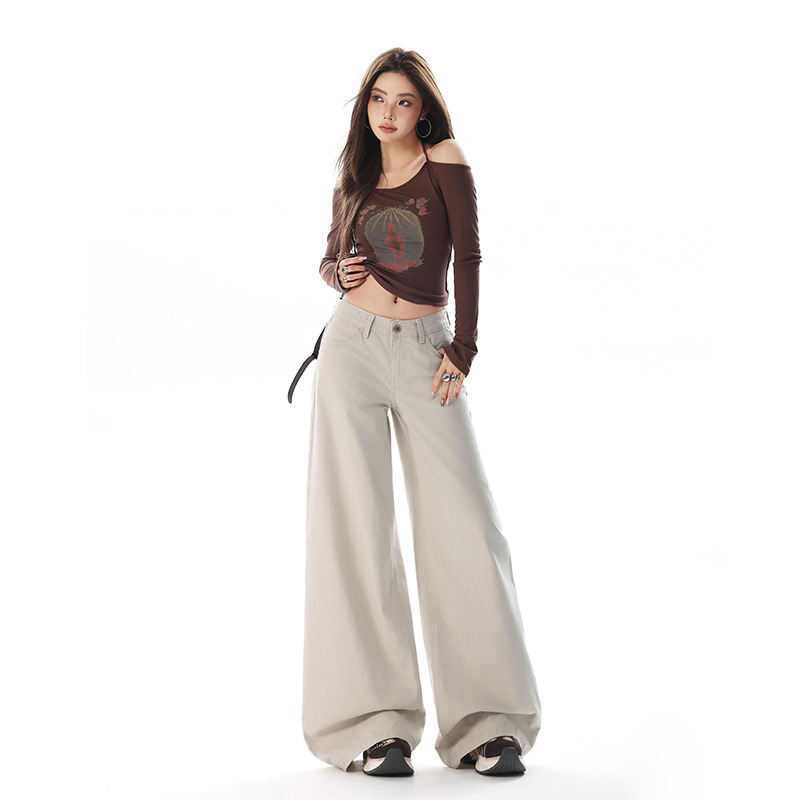 2026 Spring New Style Casual Washed Pearl Canvas Fabric American-Style Low-Waist Slimming Loose Wide-Leg Casual Jeans