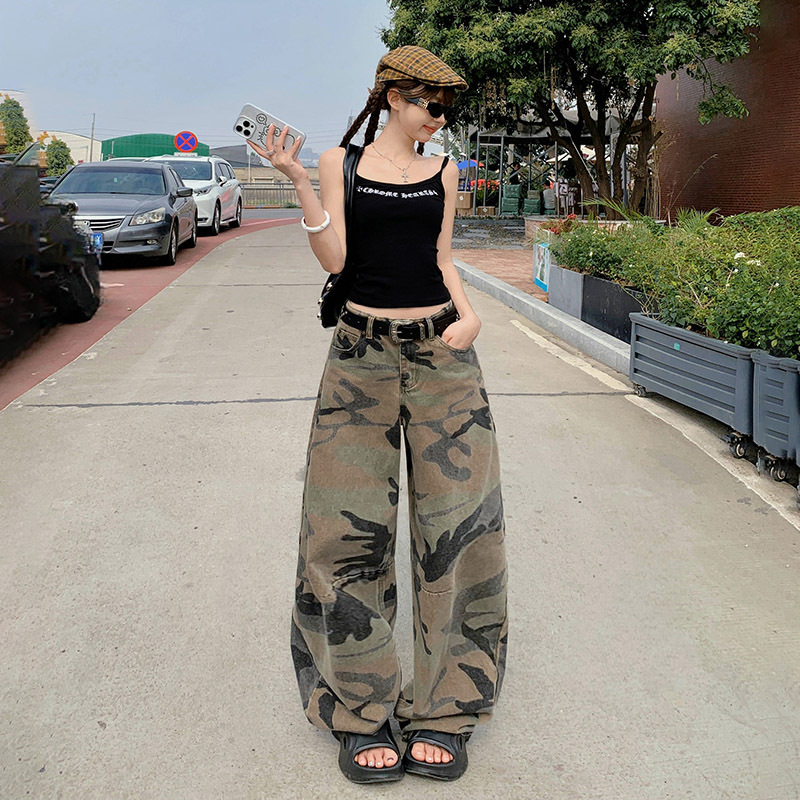American Camouflage High-Waisted Wide-Leg Pants for Women 2025 Summer New Straight-Leg Loose Slimming Look Draped Floor-Length Jeans