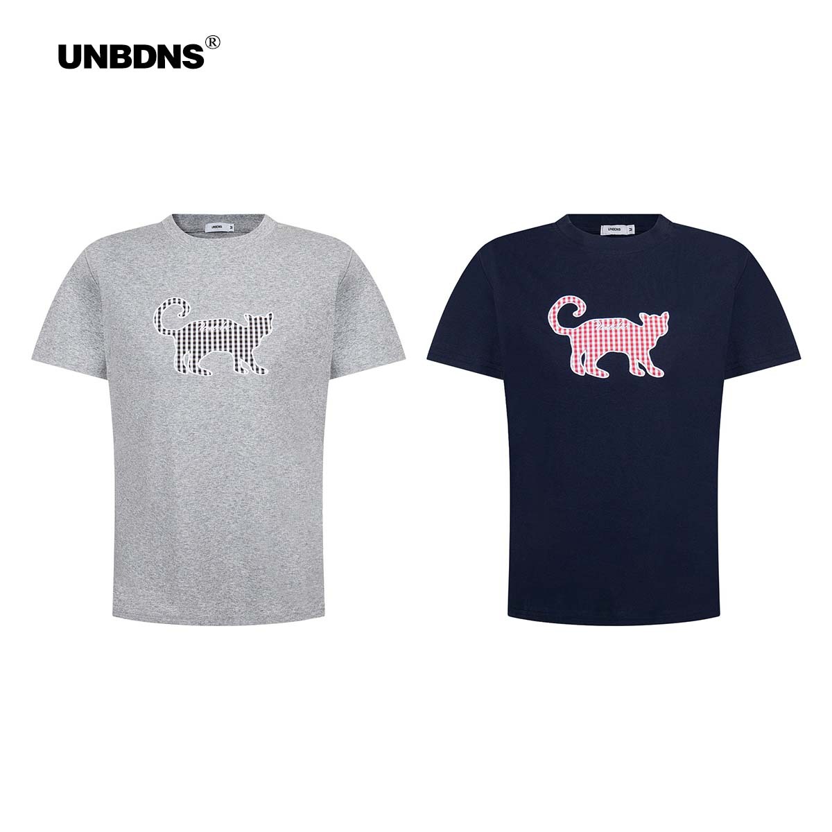 UNBDNS "Plaid Cat" Short-sleeved Grey Plaid Embroidery Summer Shoulder Crewneck Short T-shirt Women