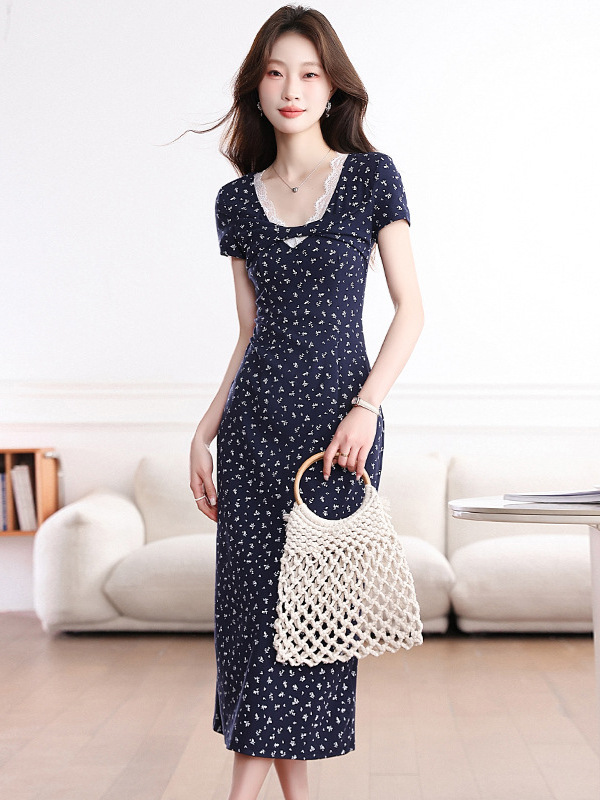Real Shot of French-Style Dress for Women, Summer 2026 New Floral Design, Elegant and Slimming Blue A-Line Long Dress with Lace
