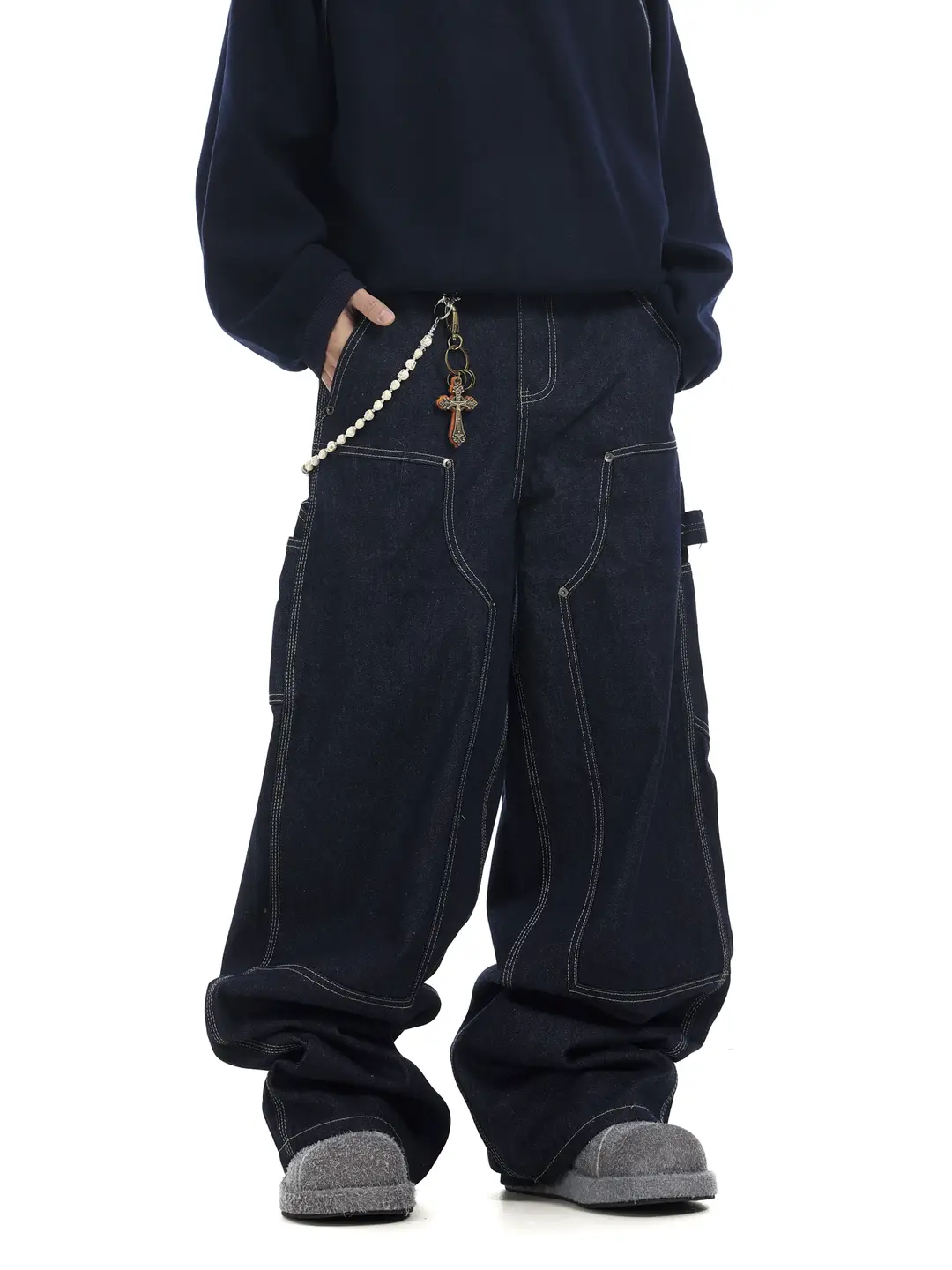 Btsg Niche Hip-Hop Street Puree Denim Silhouette Original Jeans American Baggy Loose Wide-Leg Floor Mopping Pants