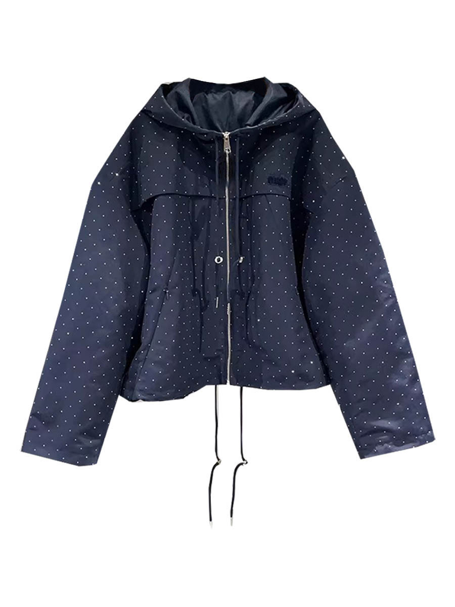 French-Style S Brand 2026 Early Spring New Rhinestone Hooded Jacket for Women, Loose Thin Style, Age-Reducing Casual Zip-Up Jacket