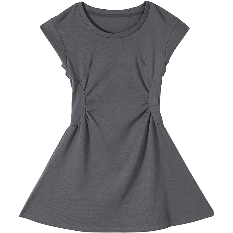 Dress for Women 2025 Summer Petite Round Neck Pleated A-Line Skirt Waist Slimming Fashionable Simple Elegant Short Skirt