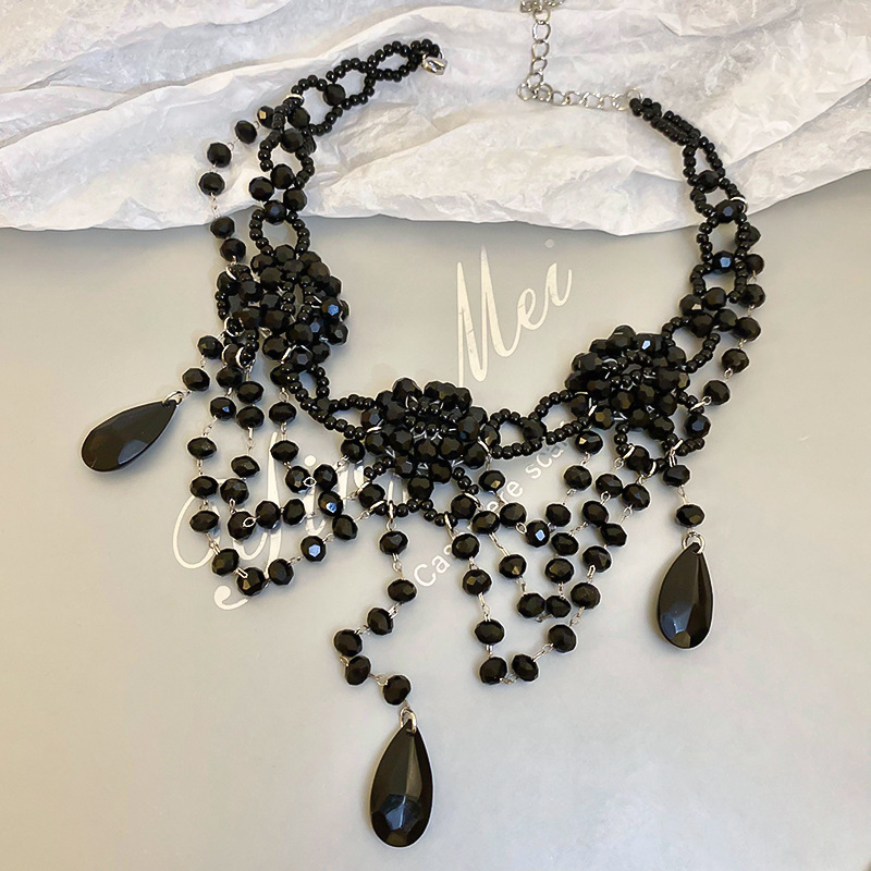 Dark Style Rice Beads Artificial Crystal Flower Water Drop Multi-layer Necklace Personality Punk Elegant High-grade Collarbone Necklace for Women