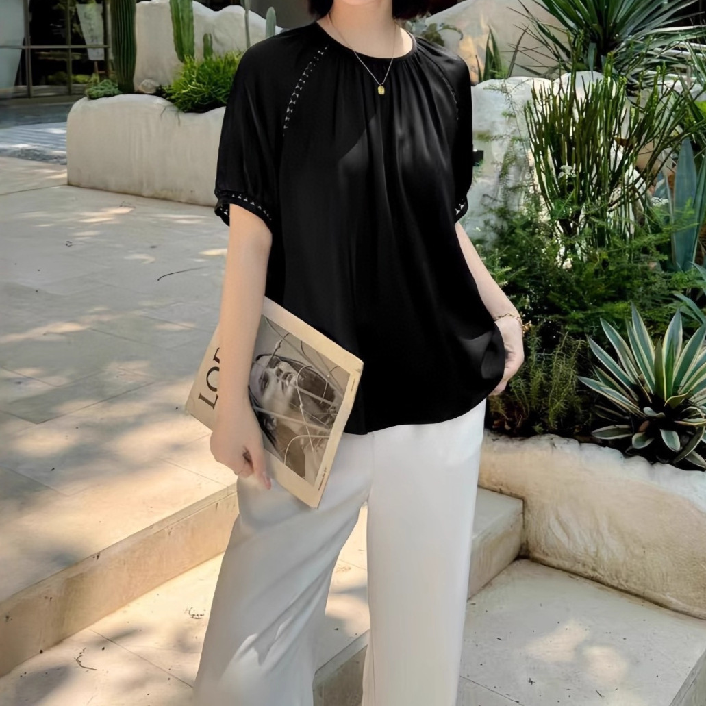 Nanyou Wholesale Luxurious French Style Double Georgette Silk Crochet Top 2025 Summer Elegant Commuter Round Neck Short Sleeve Shirt