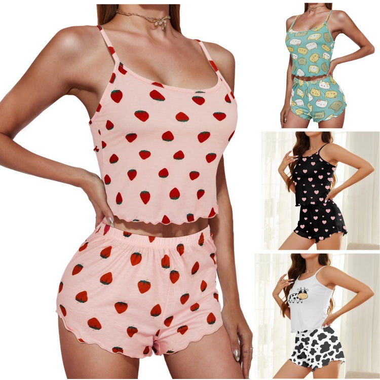 2024 Summer New Cross-border European and American Foreign Trade Printed Sling Shorts Slim-fit Breathable Home Clothes suit Women