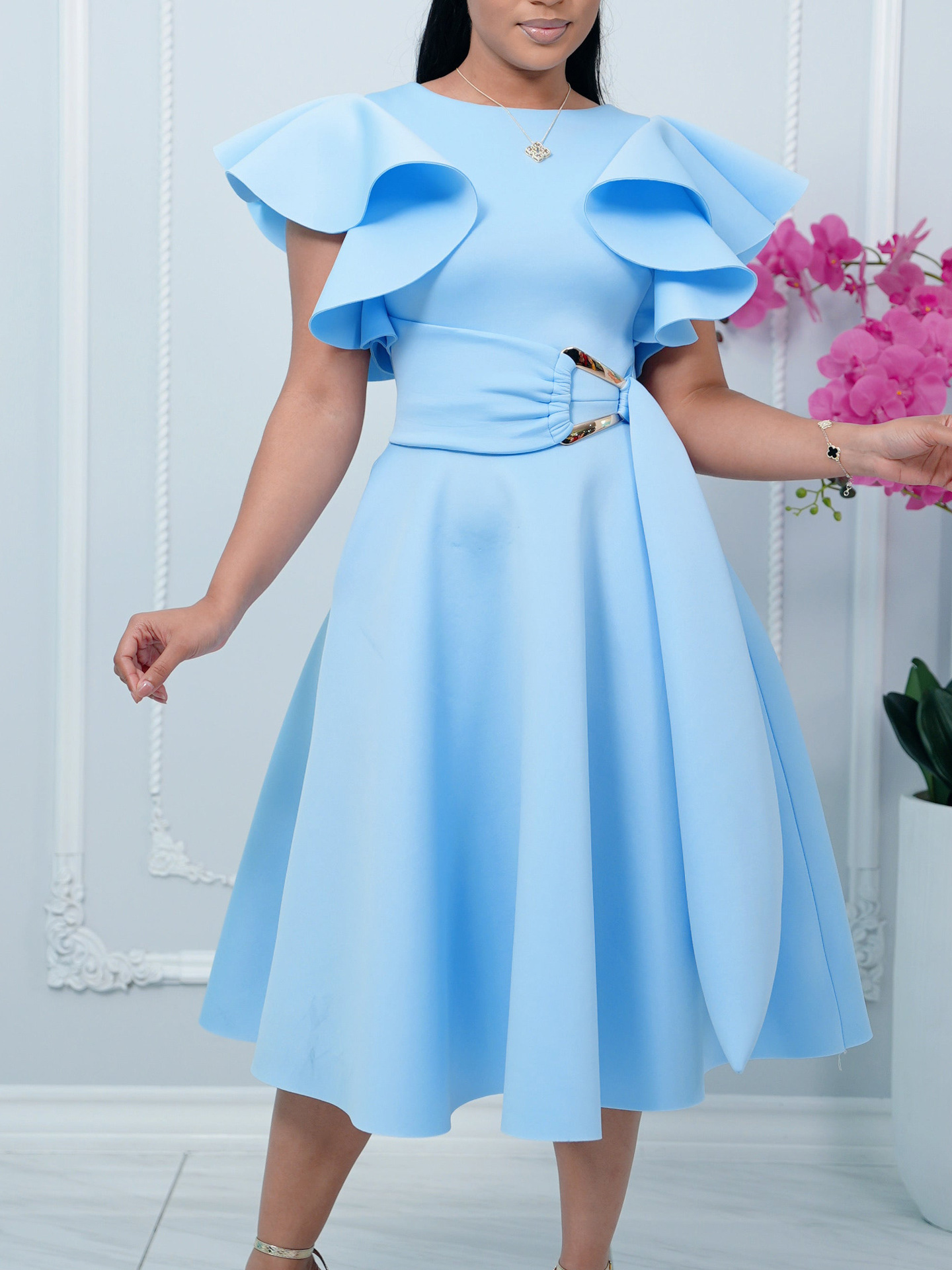 D3362 Amazon European and American Foreign Trade Summer Elegant Ruffle Sleeve Waist-Tie Dress Cross-Border Dress