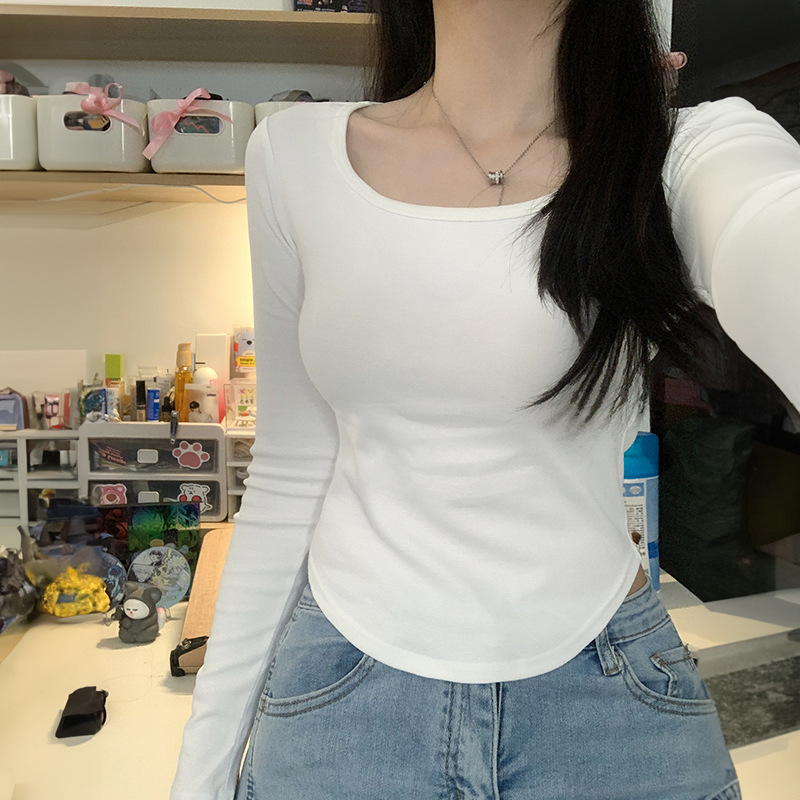 Women's Spring and Autumn Square Collar Top Slim-fit All-match Solid Color Arc Bottom Base Shirt