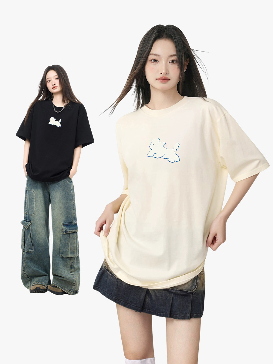 Spring and Summer 2024 White Dog Cute Short-sleeved T-shirt Women's Loose Casual Couple's Hot Stamping Half-sleeved Base Shirt