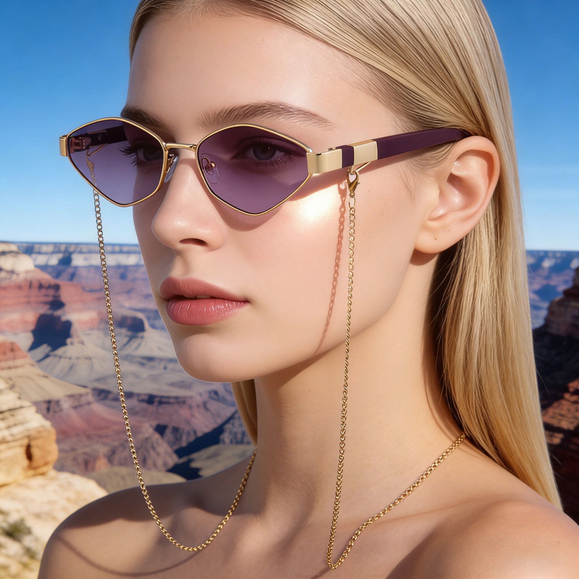 2026 New European and American Fashion Polygonal Chain Sunglasses for Women, Personalized Metal Hinge Trendy Street Style Sunglasses for Women