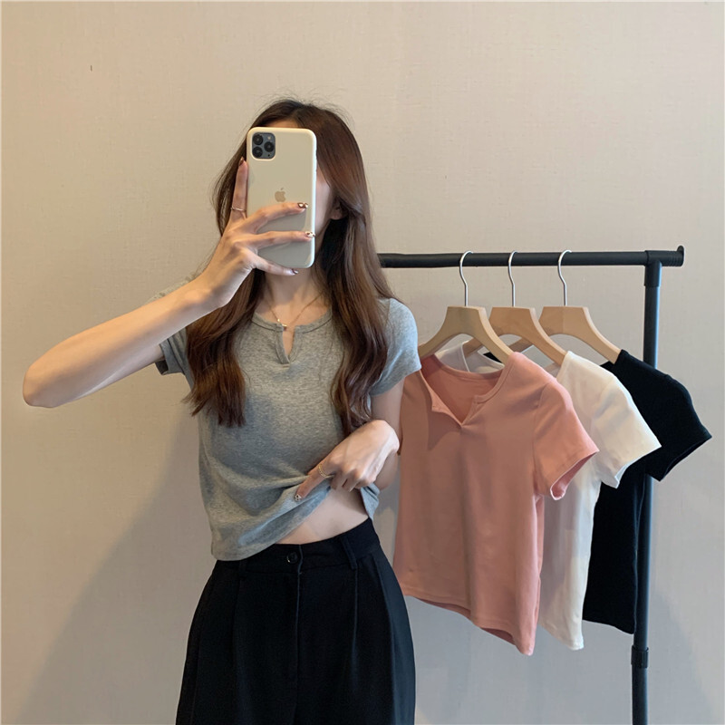 Short Women's Summer Design Slim-Fitting Navel-Baring Sexy Women's T-Shirt Short-Sleeved Student Tops 2024 New Clothes