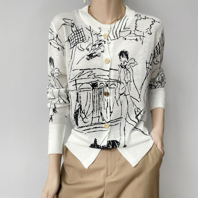 Spring New worsted ultra-thin micro-transparent knitted long-sleeved women's niche design cardigan graffiti sweater coat