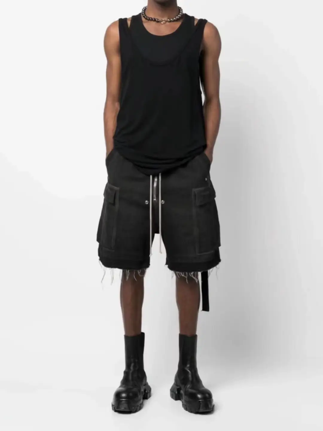 [Original] Ro 25Ss Dark Style Heavy Industry Washed Smoke Gray Multi-Flap Pocket Pants Zipper Drawstring Casual Cargo Shorts
