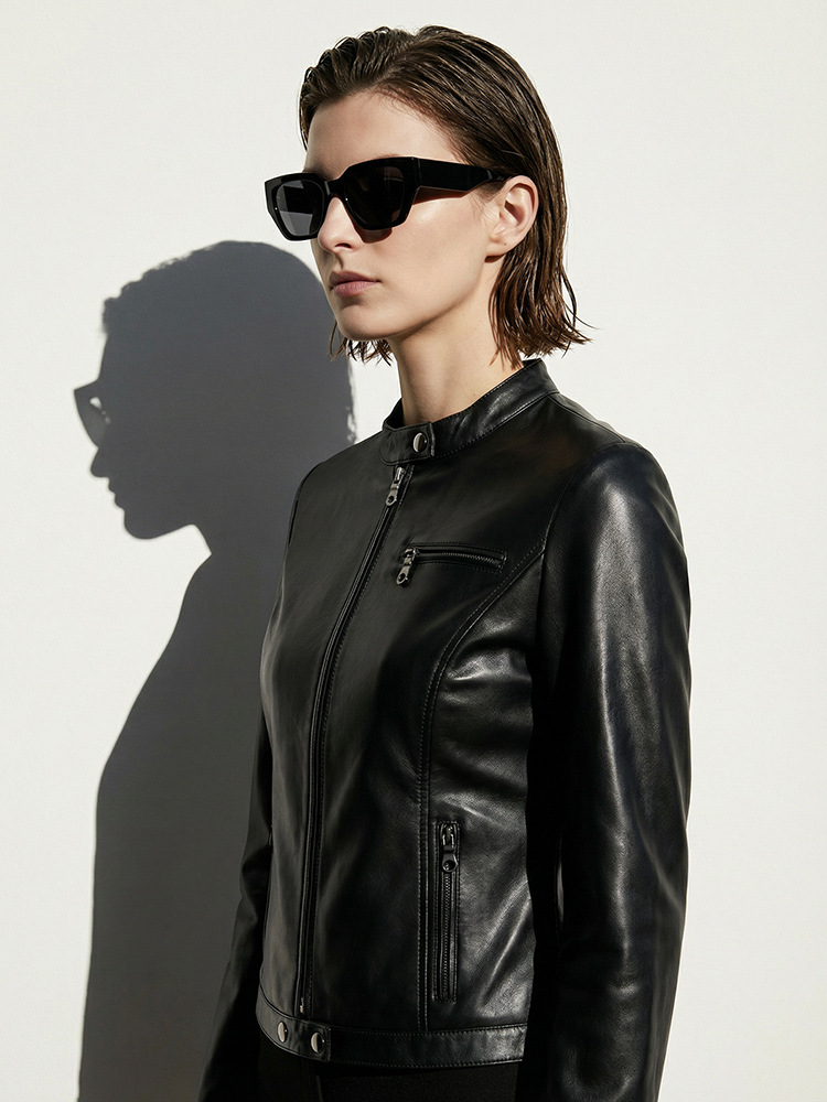 Black Genuine Leather Stand-Collar Motorcycle Jacket for Women, Short Slim Fit, Cool and Stylish Leather Coat