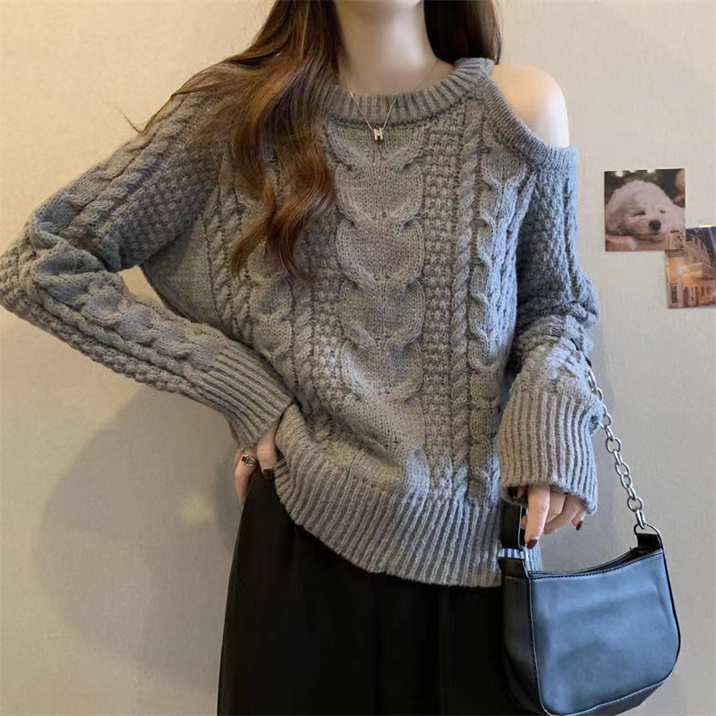 Korean and Japanese Casual Niche Hollow-Out Off-Shoulder Long-Sleeve Base Shirt Hong Kong Retro Thick Knit Cable Sweater Knitwear